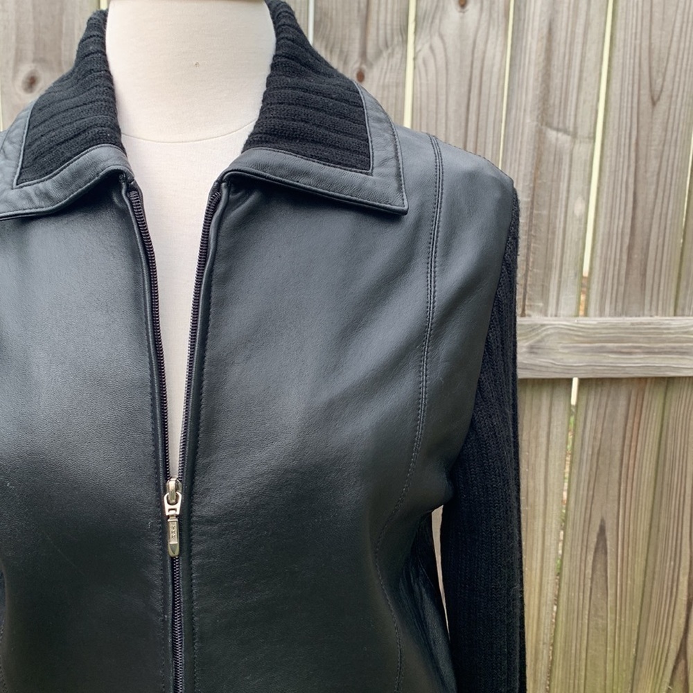 Coldwater Creek black leather jacket, knit sleeves, size small - Picture 4 of 6